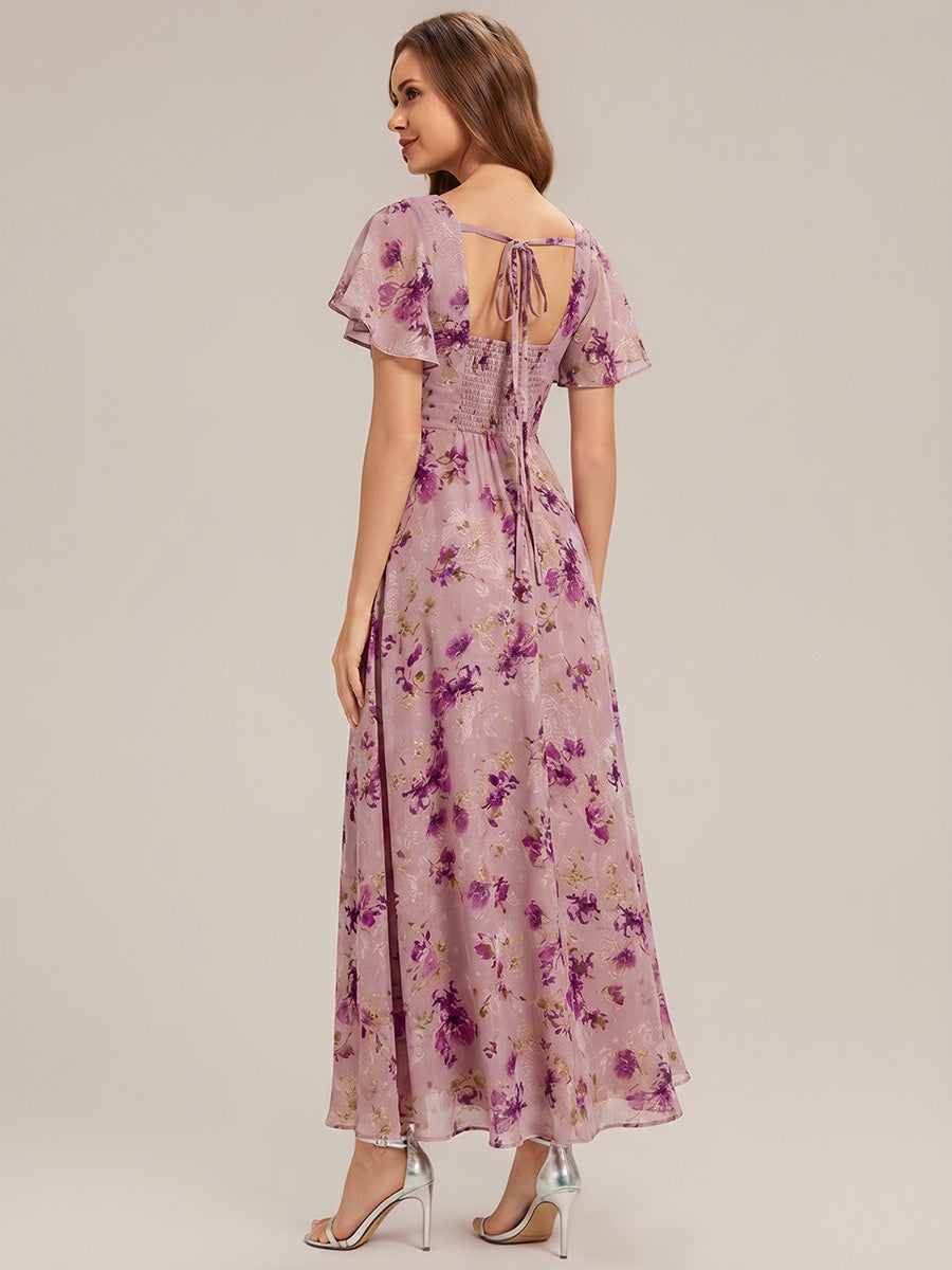 robe longue à manches courtes avec volants dos nu et fronces en forme de A #Couleur_LU