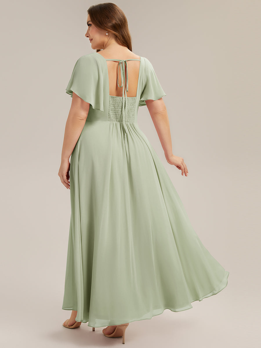 robe longue à manches courtes avec volants dos nu et fronces en forme de A #Couleur_Menthe Verte