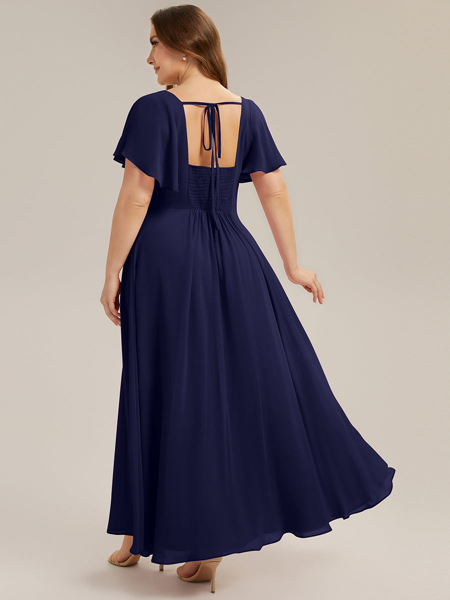 robe longue à manches courtes avec volants dos nu et fronces en forme de A #Couleur_Bleu Marine