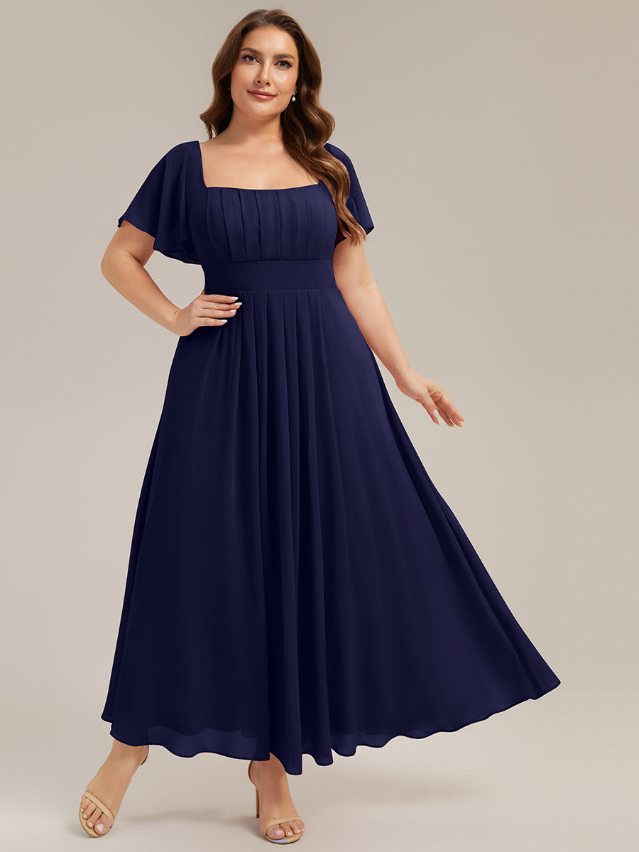 robe longue à manches courtes avec volants dos nu et fronces en forme de A #Couleur_Bleu Marine