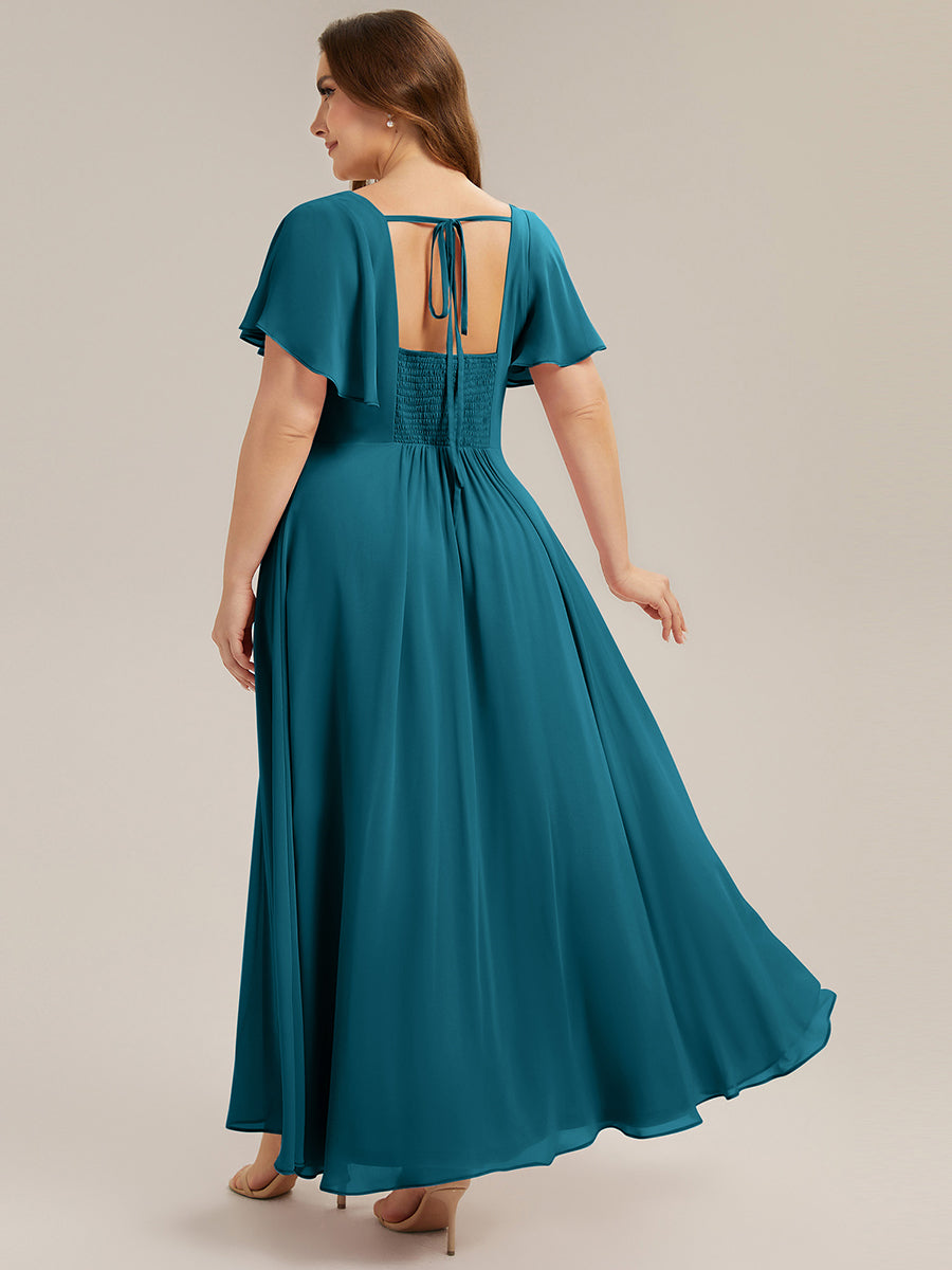 robe longue à manches courtes avec volants dos nu et fronces en forme de A #Couleur_Bleu Canard