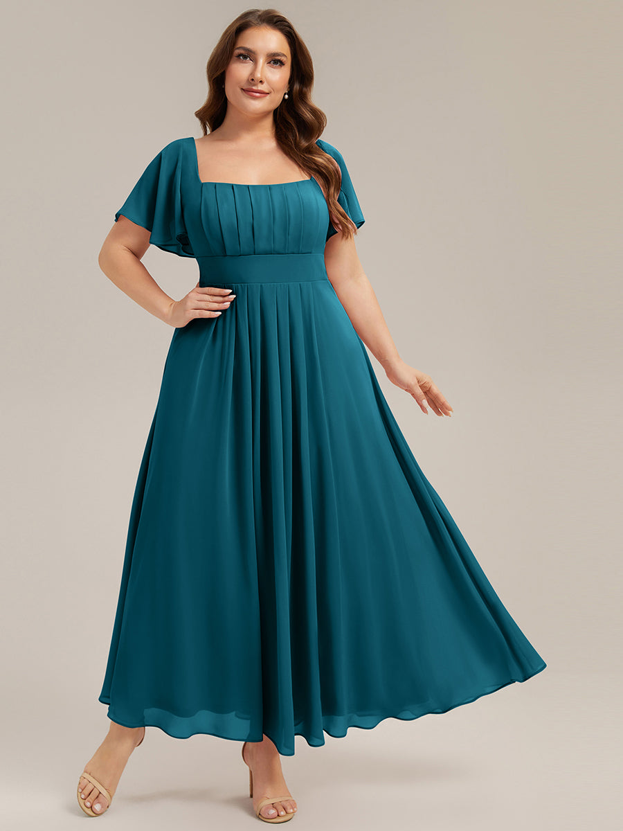 robe longue à manches courtes avec volants dos nu et fronces en forme de A #Couleur_Bleu Canard