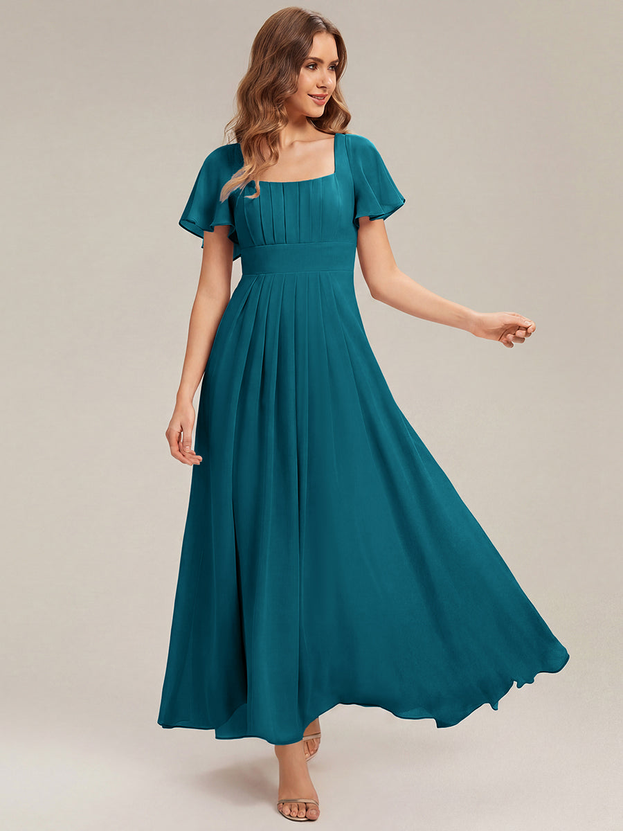 robe longue à manches courtes avec volants dos nu et fronces en forme de A #Couleur_Bleu Canard
