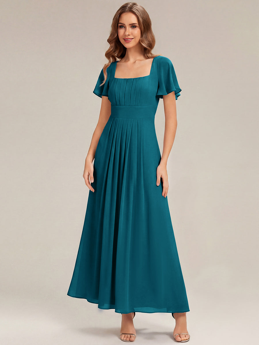 robe longue à manches courtes avec volants dos nu et fronces en forme de A #Couleur_Bleu Canard