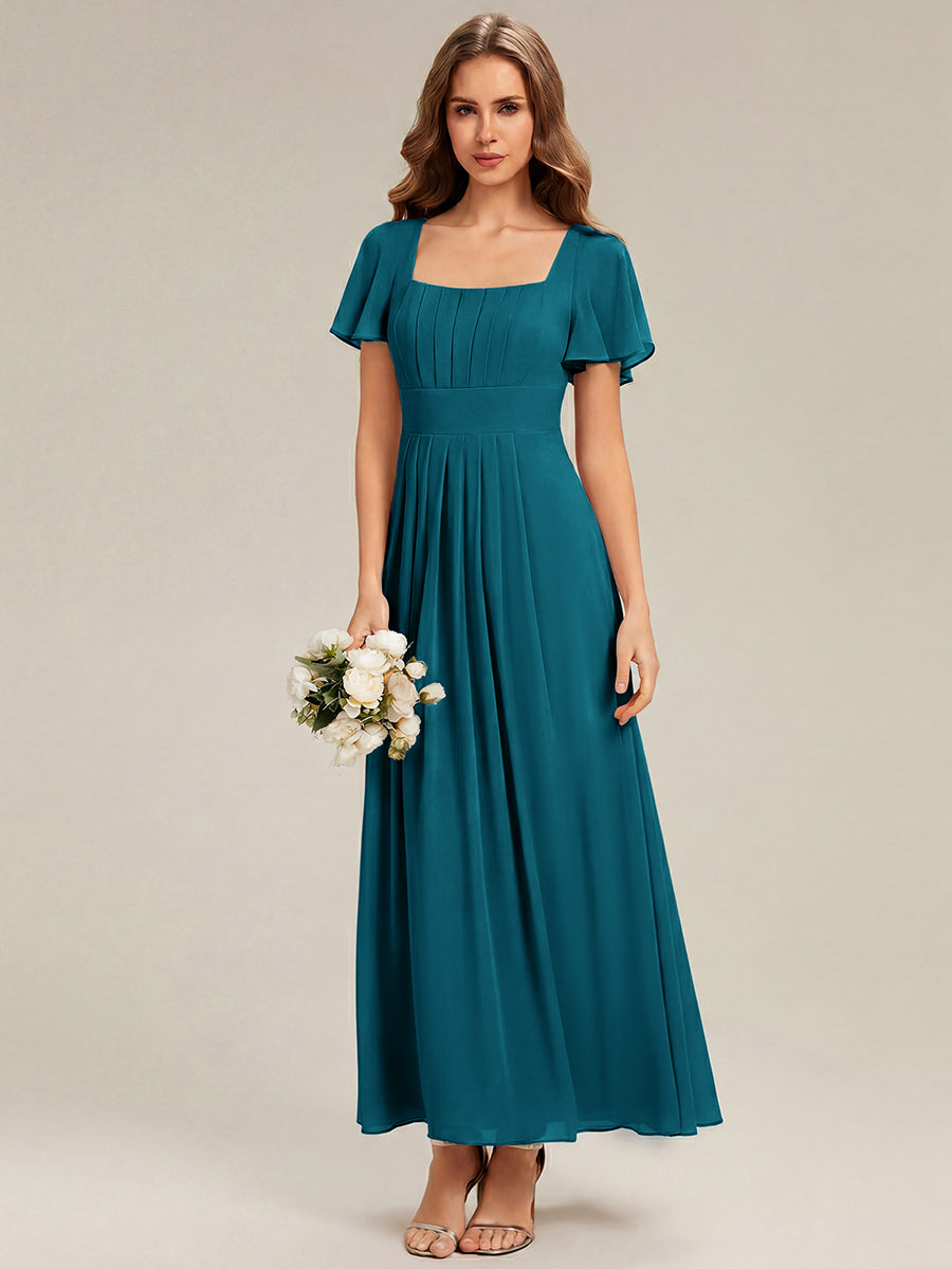 robe longue à manches courtes avec volants dos nu et fronces en forme de A #Couleur_Bleu Canard