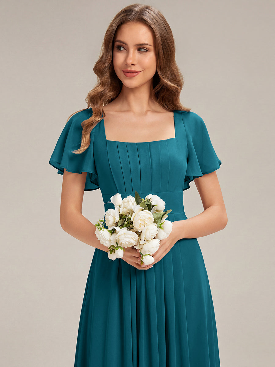 robe longue à manches courtes avec volants dos nu et fronces en forme de A #Couleur_Bleu Canard