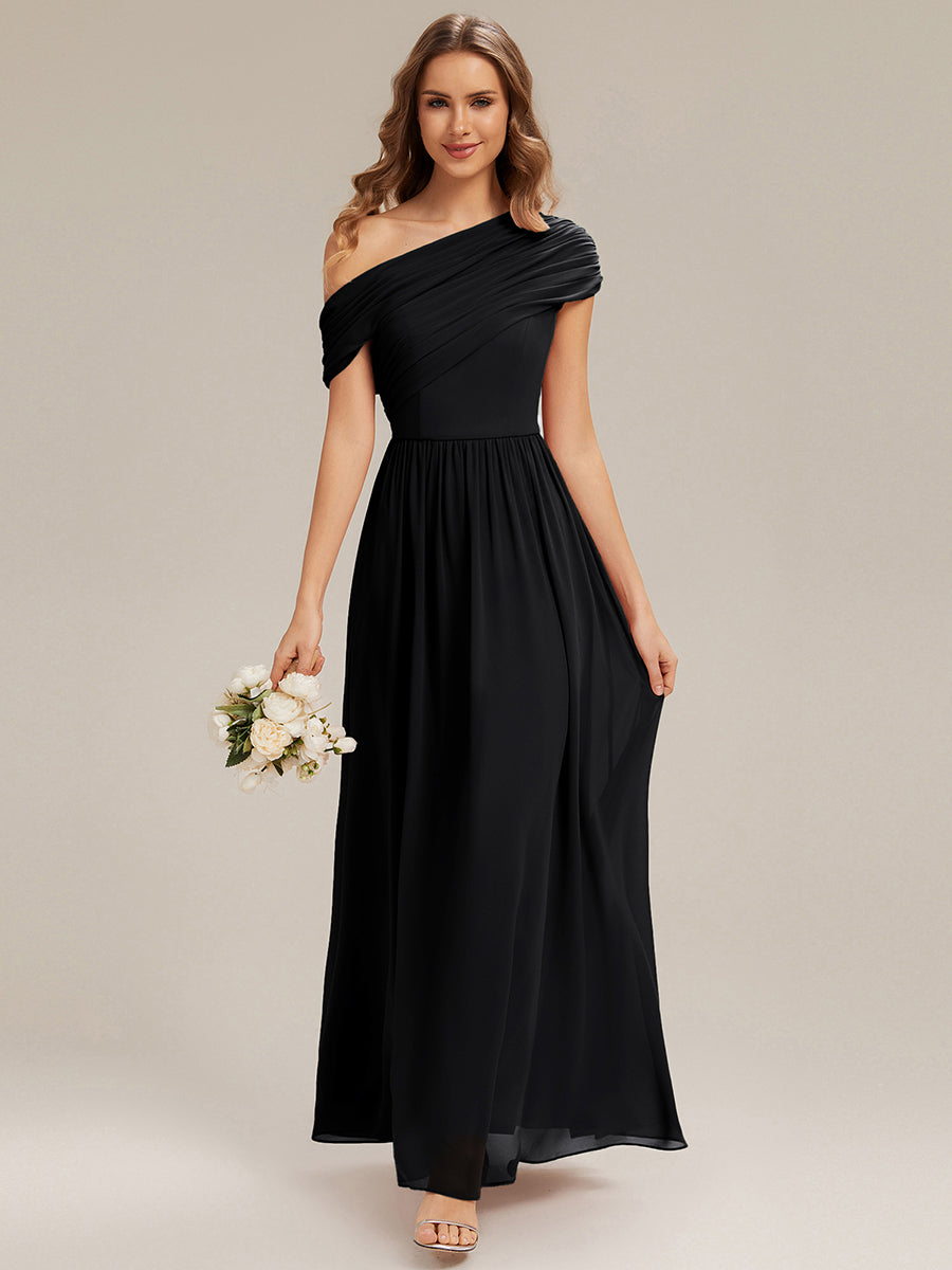 Robe longue asymétrique sans bretelles en A avec détail froncé #Couleur_Noir