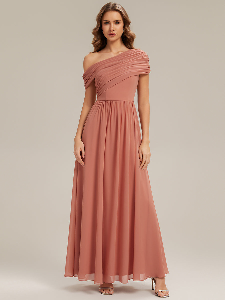 Robe longue asymétrique sans bretelles en A avec détail froncé #Couleur_Rose Corail