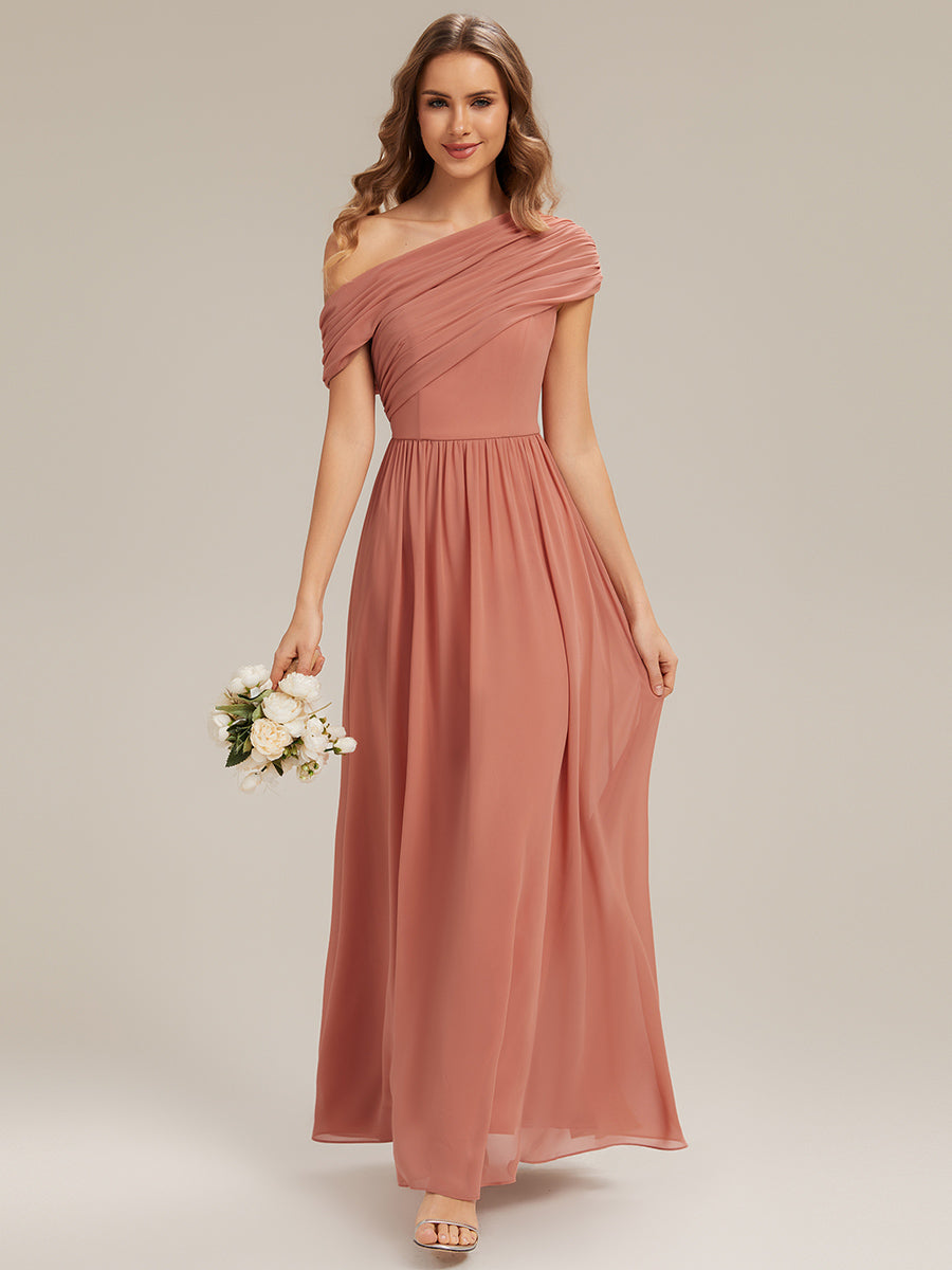 Robe longue asymétrique sans bretelles en A avec détail froncé #Couleur_Rose Corail