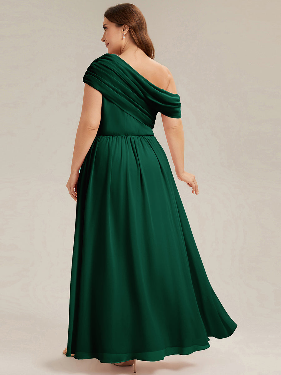 Robe longue asymétrique sans bretelles en A avec détail froncé #Couleur_Vert Fonce