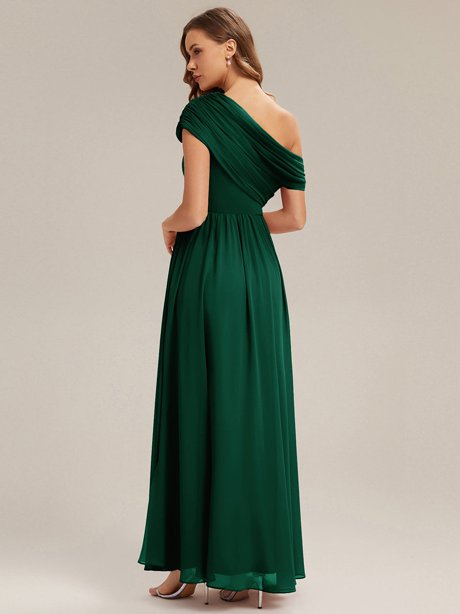 Robe longue asymétrique sans bretelles en A avec détail froncé #Couleur_Vert Fonce