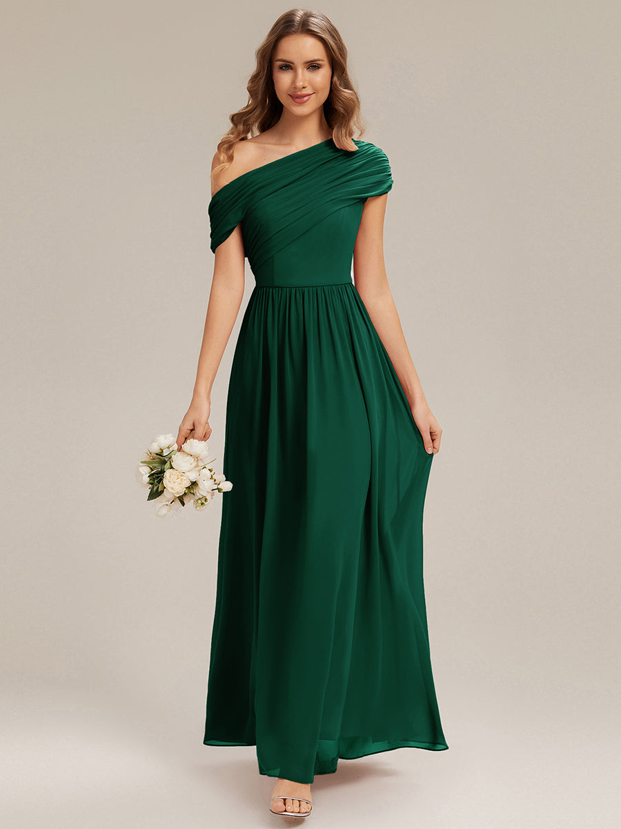 Robe longue asymétrique sans bretelles en A avec détail froncé #Couleur_Vert Fonce