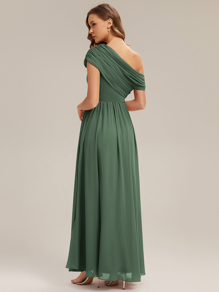 Robe longue asymétrique sans bretelles en A avec détail froncé #Couleur_Eukalyptus Grün