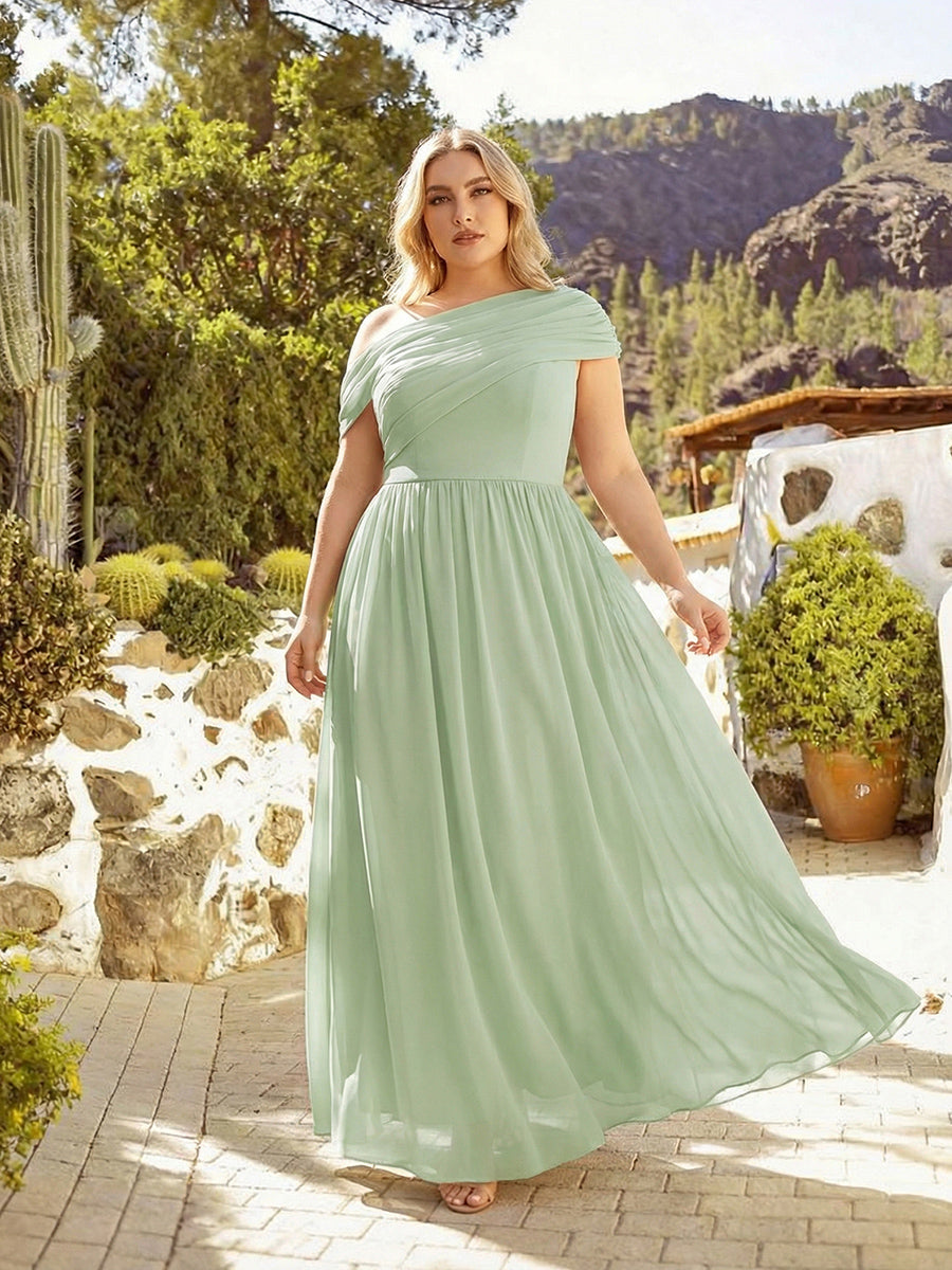 Robe longue asymétrique sans bretelles en A avec détail froncé #Couleur_Menthe Verte