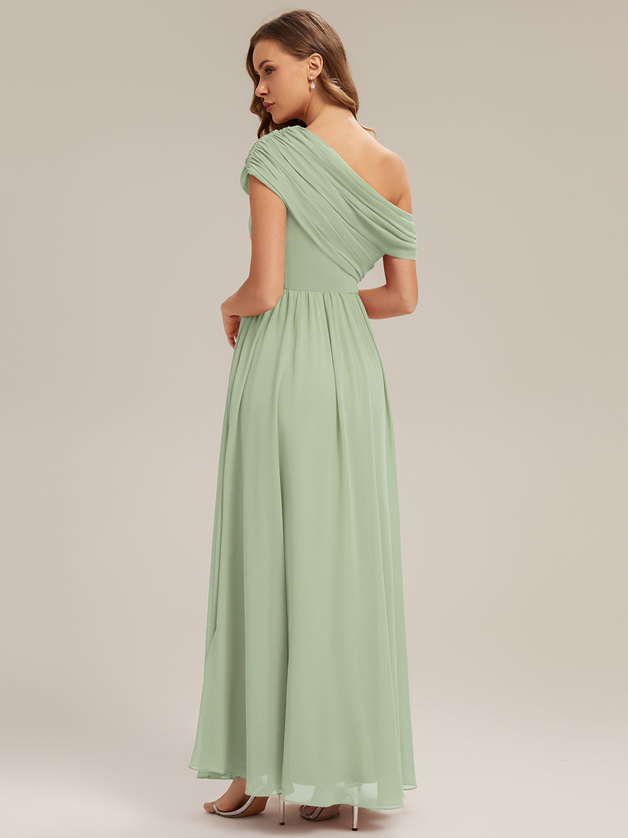 Robe longue asymétrique sans bretelles en A avec détail froncé #Couleur_Menthe Verte