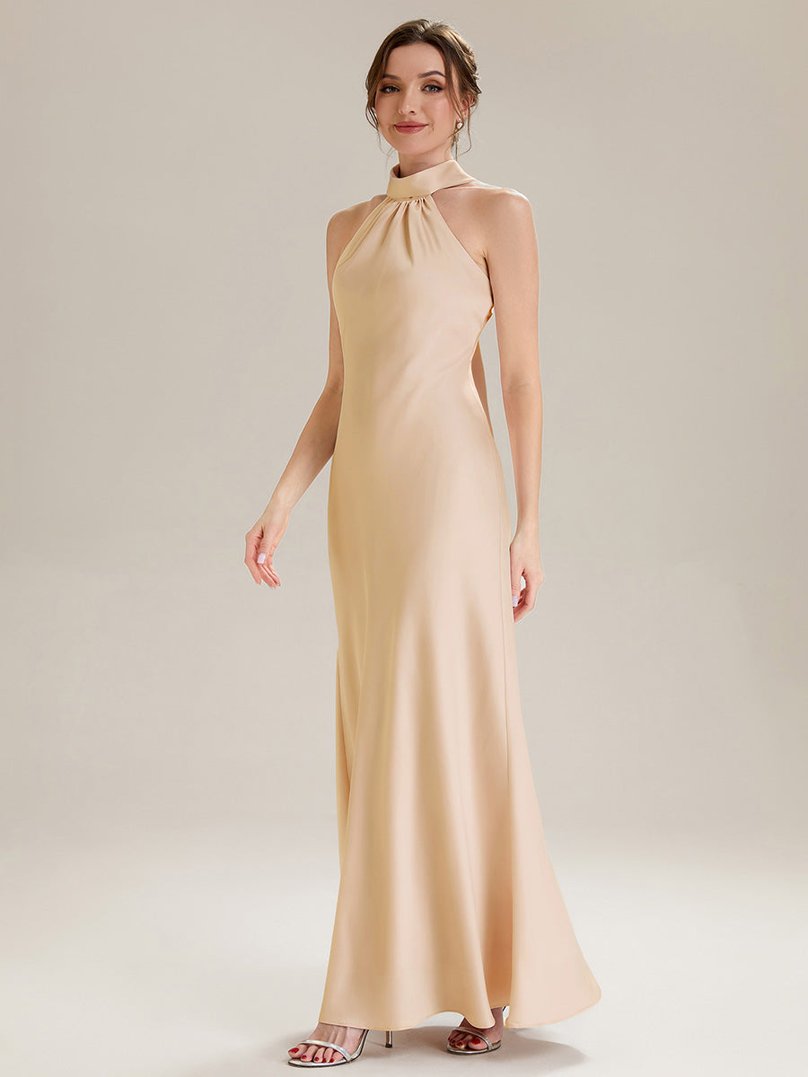 Robe sirène sans manches à col halter longueur sol avec fente haute et rubans fluides #Couleur_Charbon