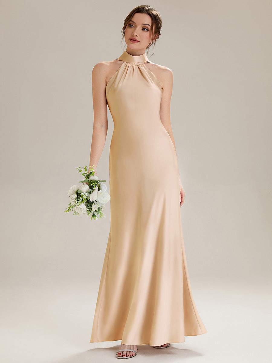 Robe sirène sans manches à col halter longueur sol avec fente haute et rubans fluides #Couleur_Charbon