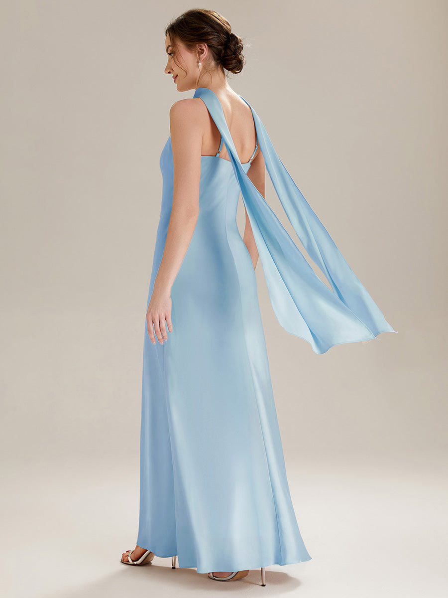 Robe sirène sans manches à col halter longueur sol avec fente haute et rubans fluides #Couleur_Bleu Glace