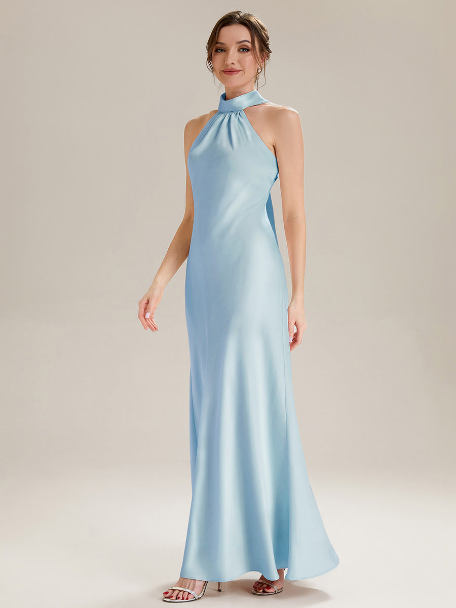Robe sirène sans manches à col halter longueur sol avec fente haute et rubans fluides #Couleur_Bleu Glace