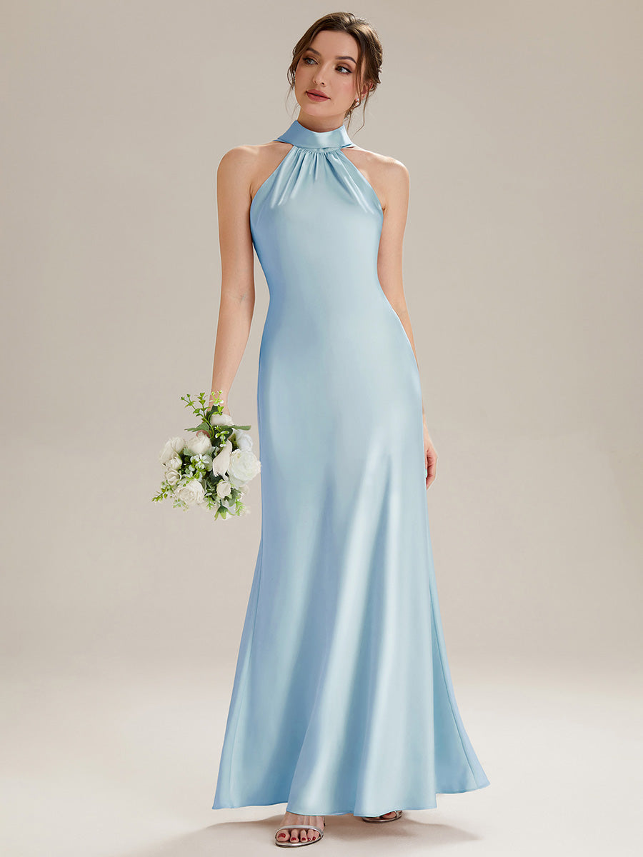 Robe sirène sans manches à col halter longueur sol avec fente haute et rubans fluides #Couleur_Bleu Glace