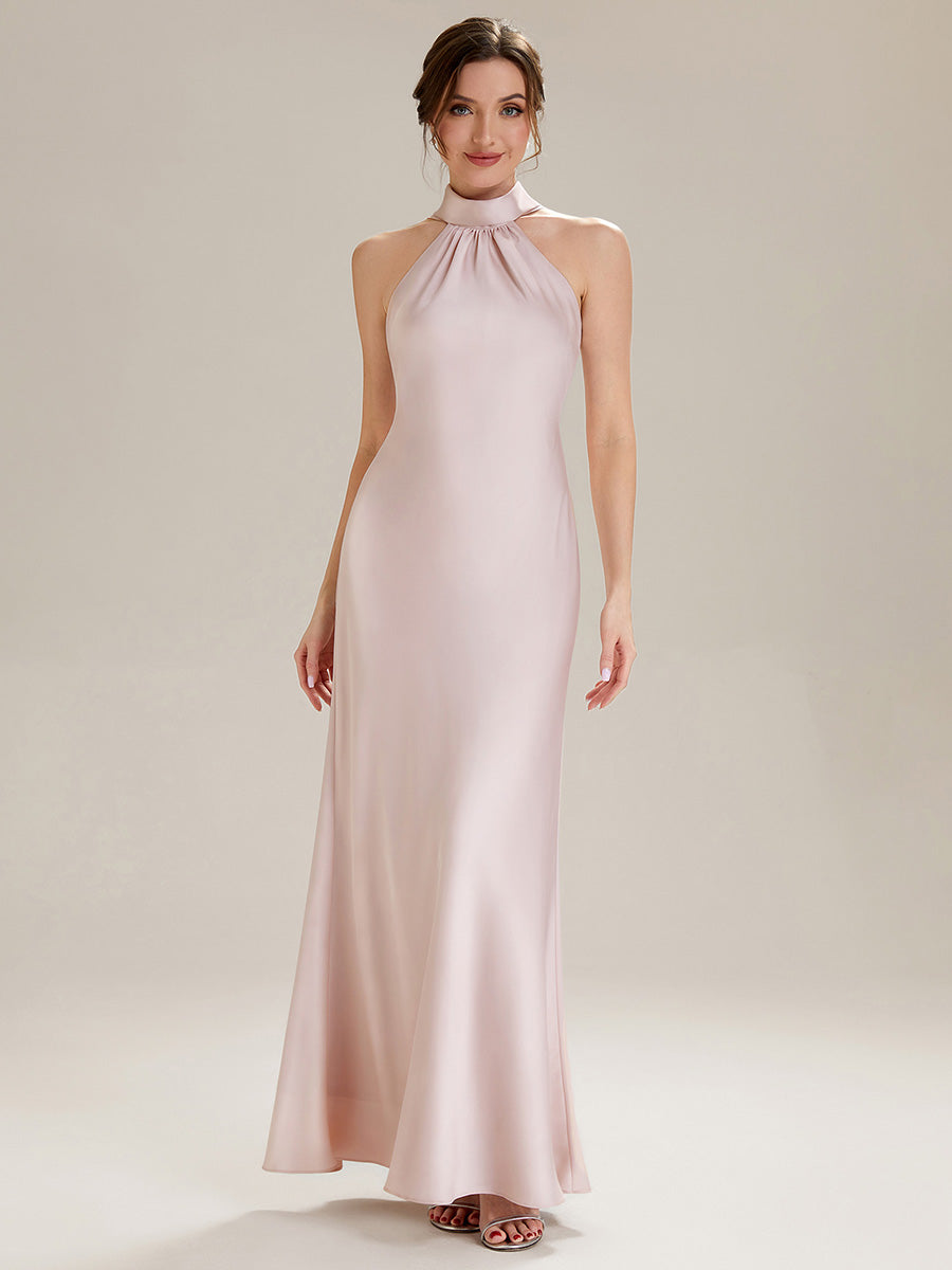 Robe sirène sans manches à col halter longueur sol avec fente haute et rubans fluides #Couleur_Rose