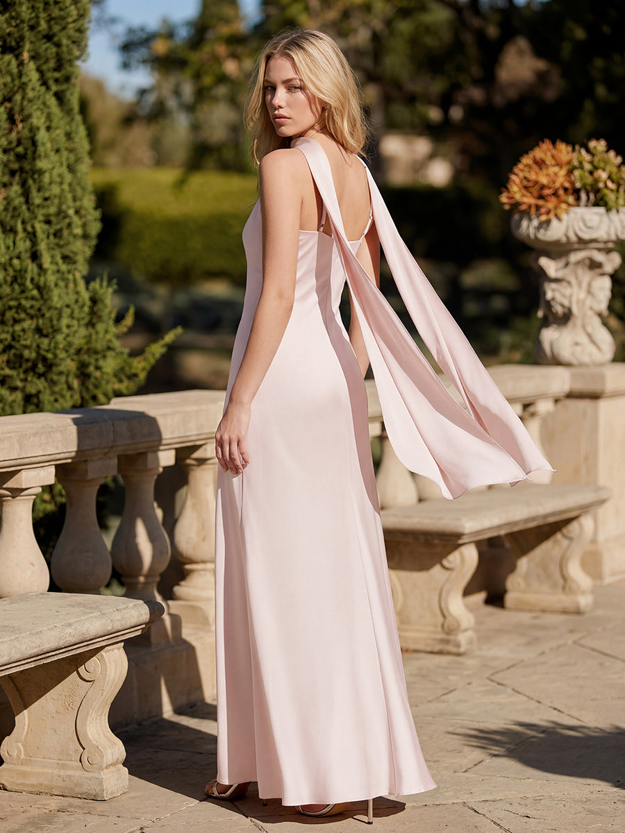 Robe sirène sans manches à col halter longueur sol avec fente haute et rubans fluides #Couleur_Rose