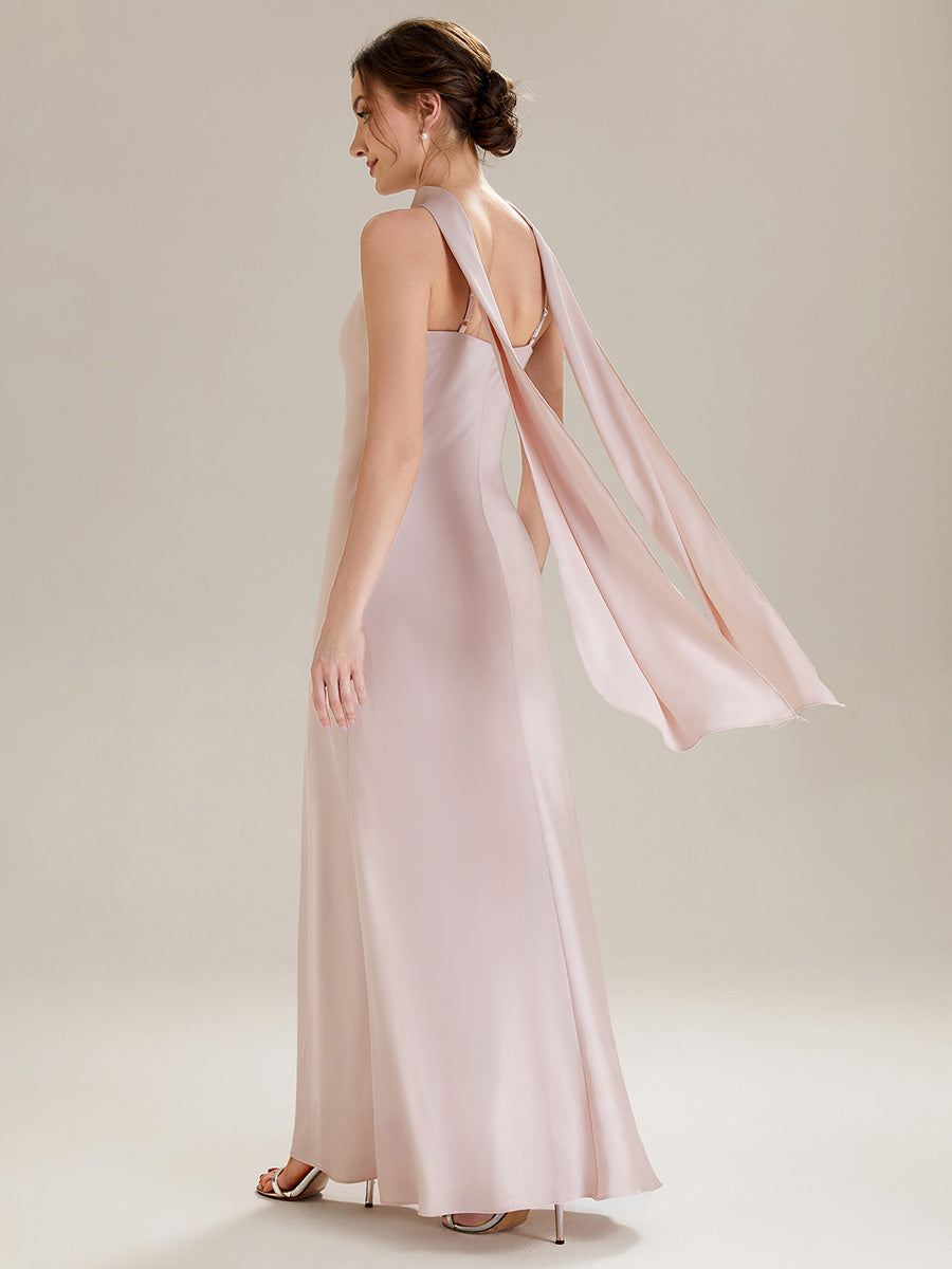 Robe sirène sans manches à col halter longueur sol avec fente haute et rubans fluides #Couleur_Rose