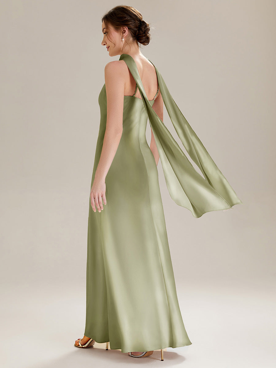 Robe sirène sans manches à col halter longueur sol avec fente haute et rubans fluides #Couleur_Vert sauge