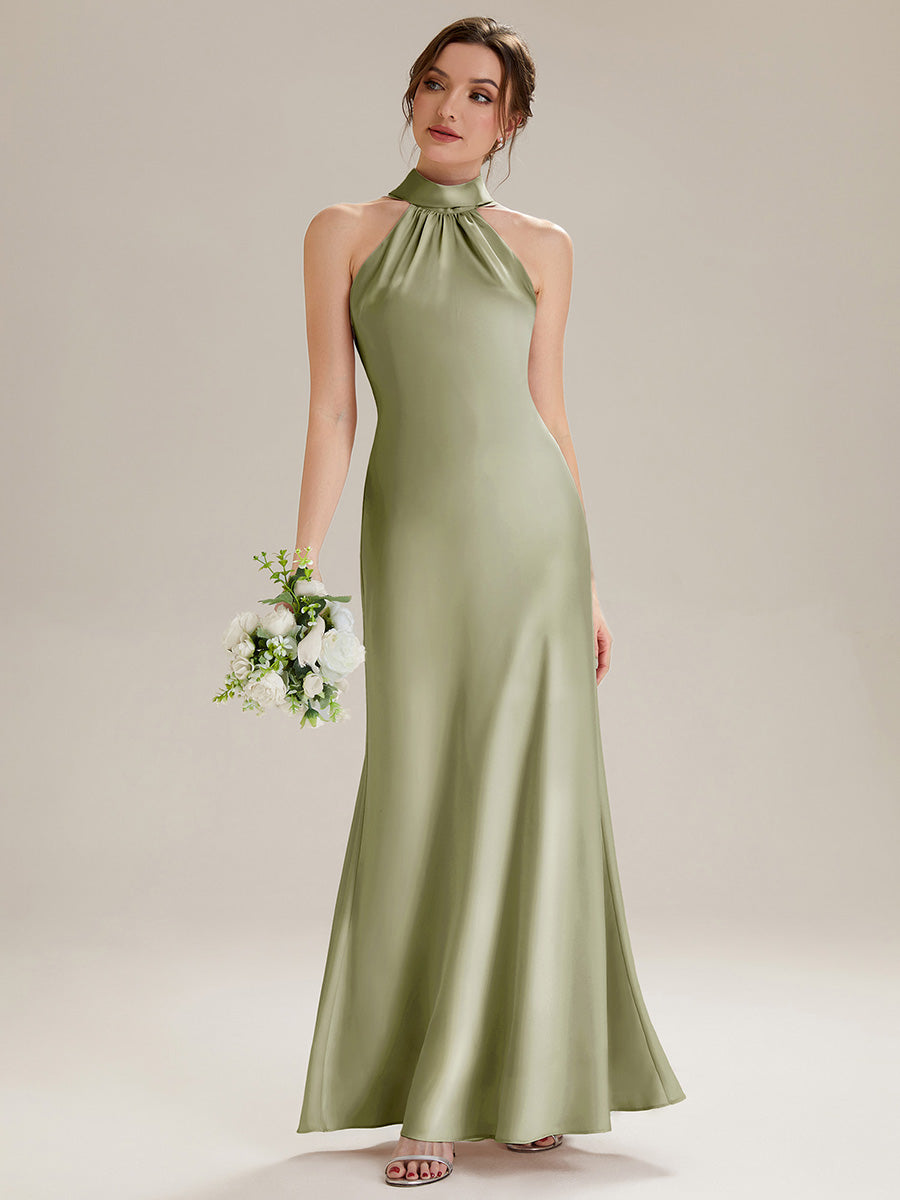 Robe sirène sans manches à col halter longueur sol avec fente haute et rubans fluides #Couleur_Vert sauge