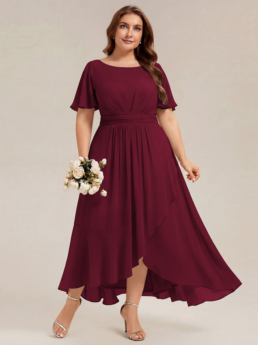 Robe asymétrique sans manches à volants avec détails plissés et ourlet haut bas #Couleur_Bordeaux