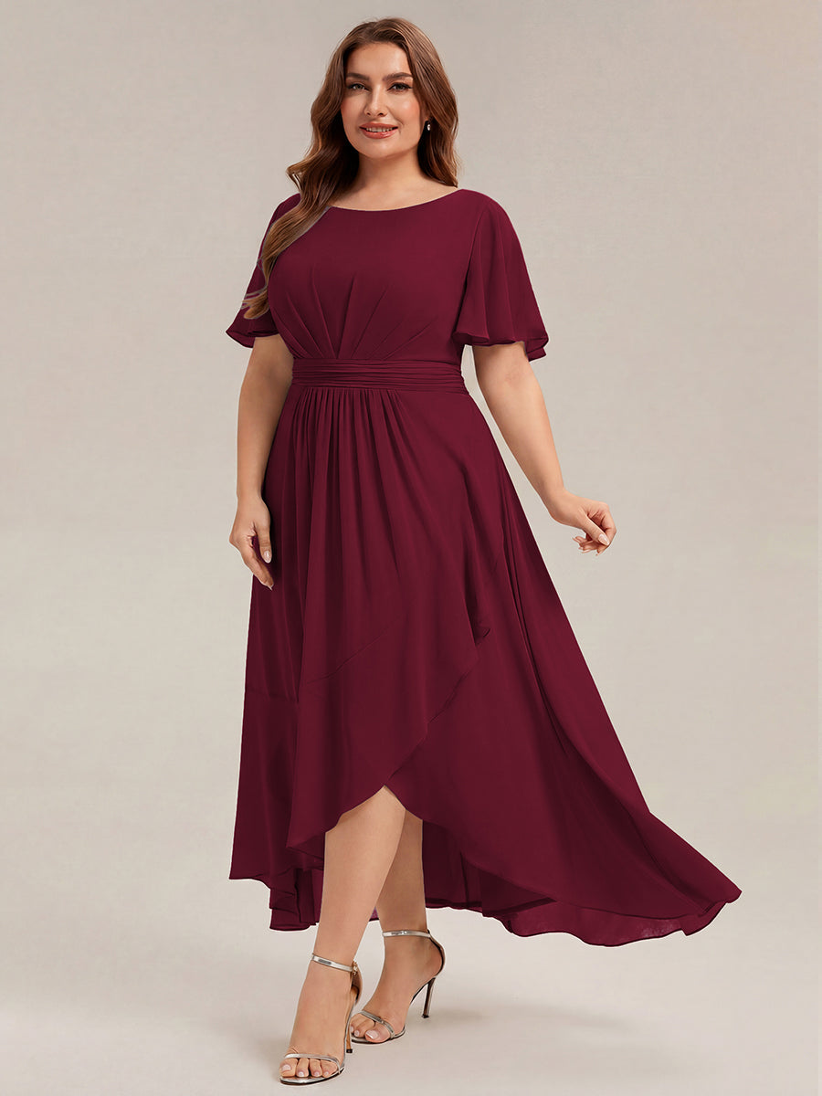 Robe asymétrique sans manches à volants avec détails plissés et ourlet haut bas #Couleur_Bordeaux