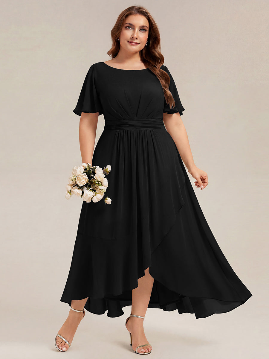 Robe asymétrique sans manches à volants avec détails plissés et ourlet haut bas #Couleur_Noir