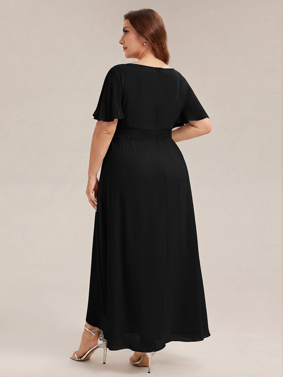 Robe asymétrique sans manches à volants avec détails plissés et ourlet haut bas #Couleur_Noir