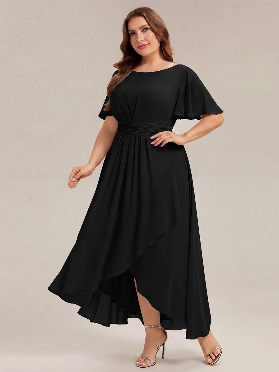 Robe asymétrique sans manches à volants avec détails plissés et ourlet haut bas #Couleur_Noir