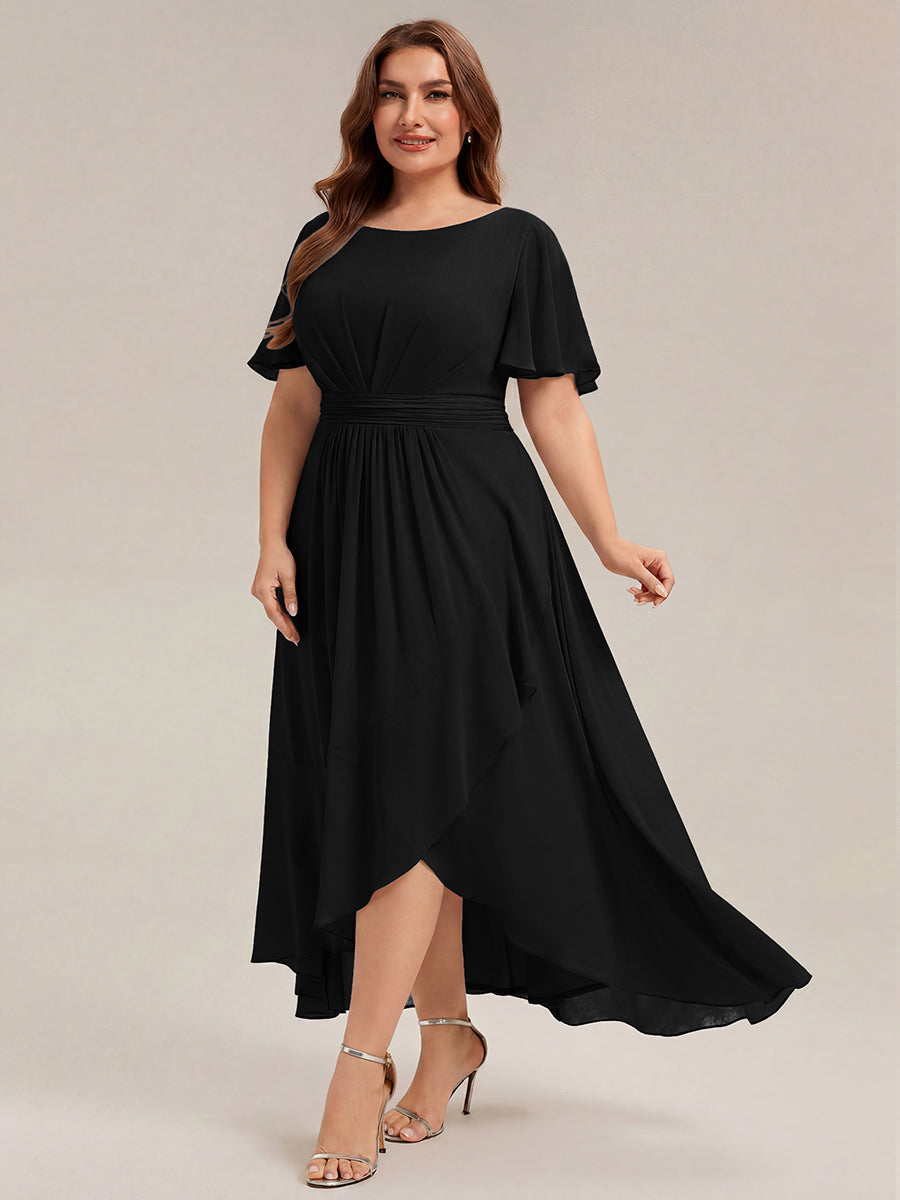 Robe asymétrique sans manches à volants avec détails plissés et ourlet haut bas #Couleur_Noir