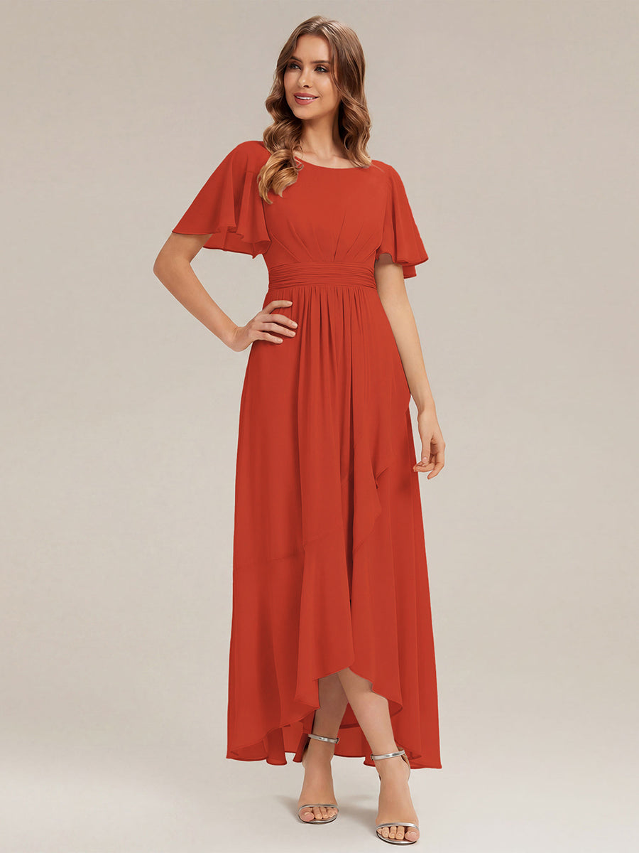 Robe asymétrique sans manches à volants avec détails plissés et ourlet haut bas #Couleur_Burnt Orange