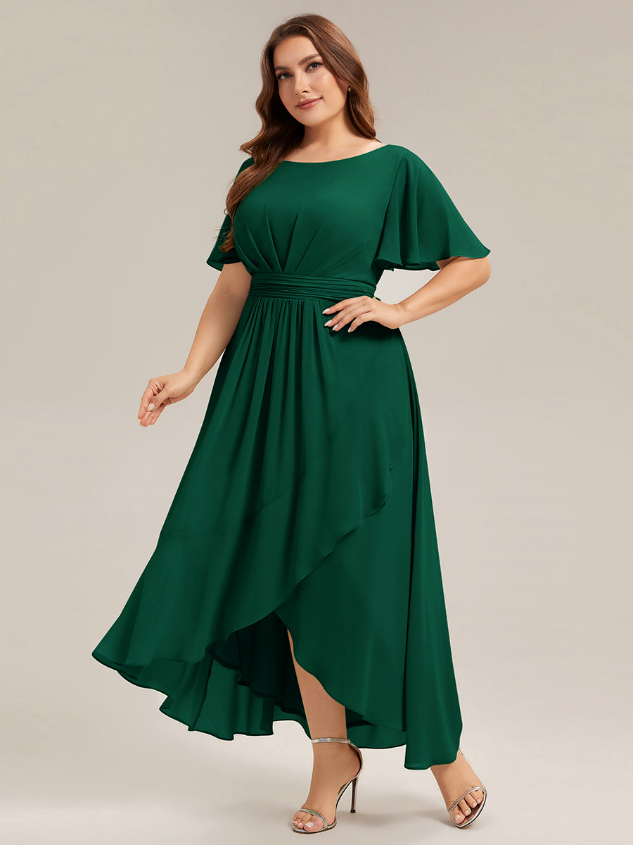 Robe asymétrique sans manches à volants avec détails plissés et ourlet haut bas #Couleur_Vert Fonce