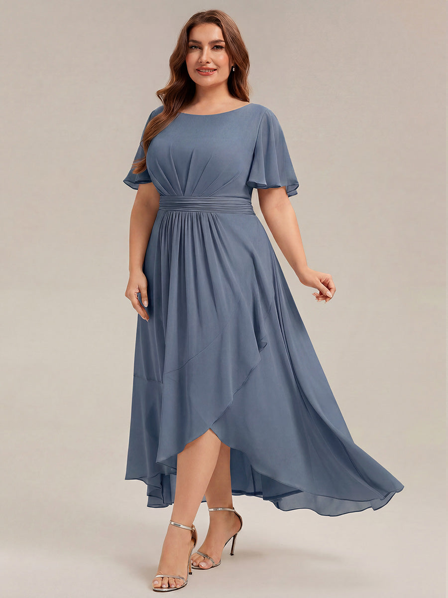 Robe asymétrique sans manches à volants avec détails plissés et ourlet haut bas #Couleur_Marine Fume