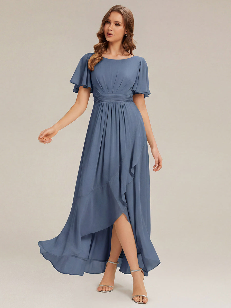 Robe asymétrique sans manches à volants avec détails plissés et ourlet haut bas #Couleur_Marine Fume
