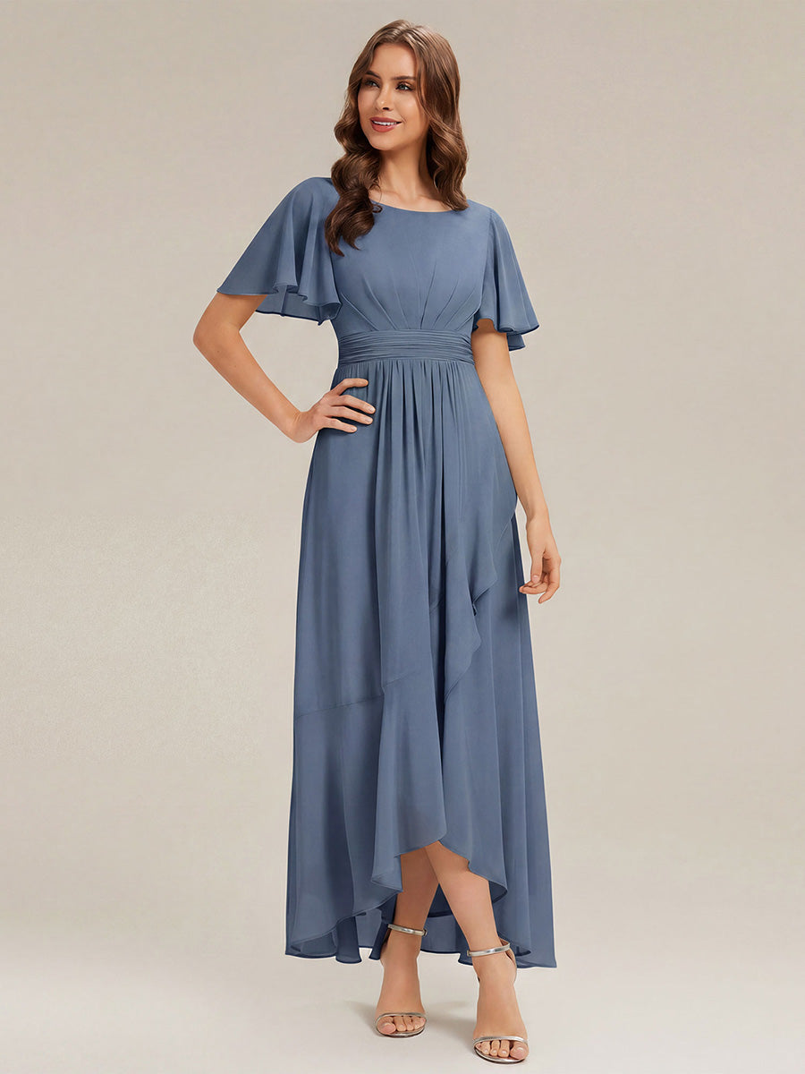 Robe asymétrique sans manches à volants avec détails plissés et ourlet haut bas #Couleur_Marine Fume