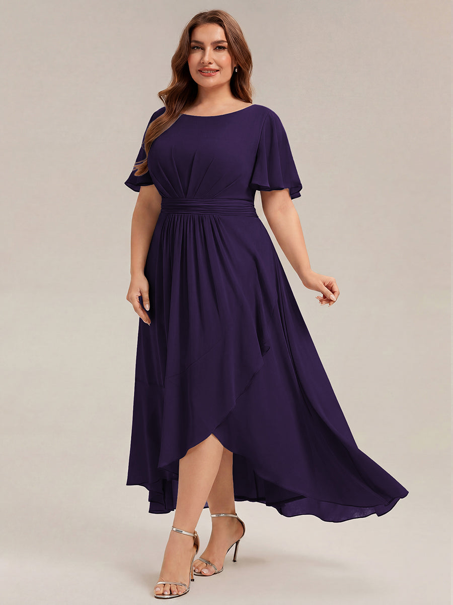 Robe asymétrique sans manches à volants avec détails plissés et ourlet haut bas #Couleur_Violet Fonce