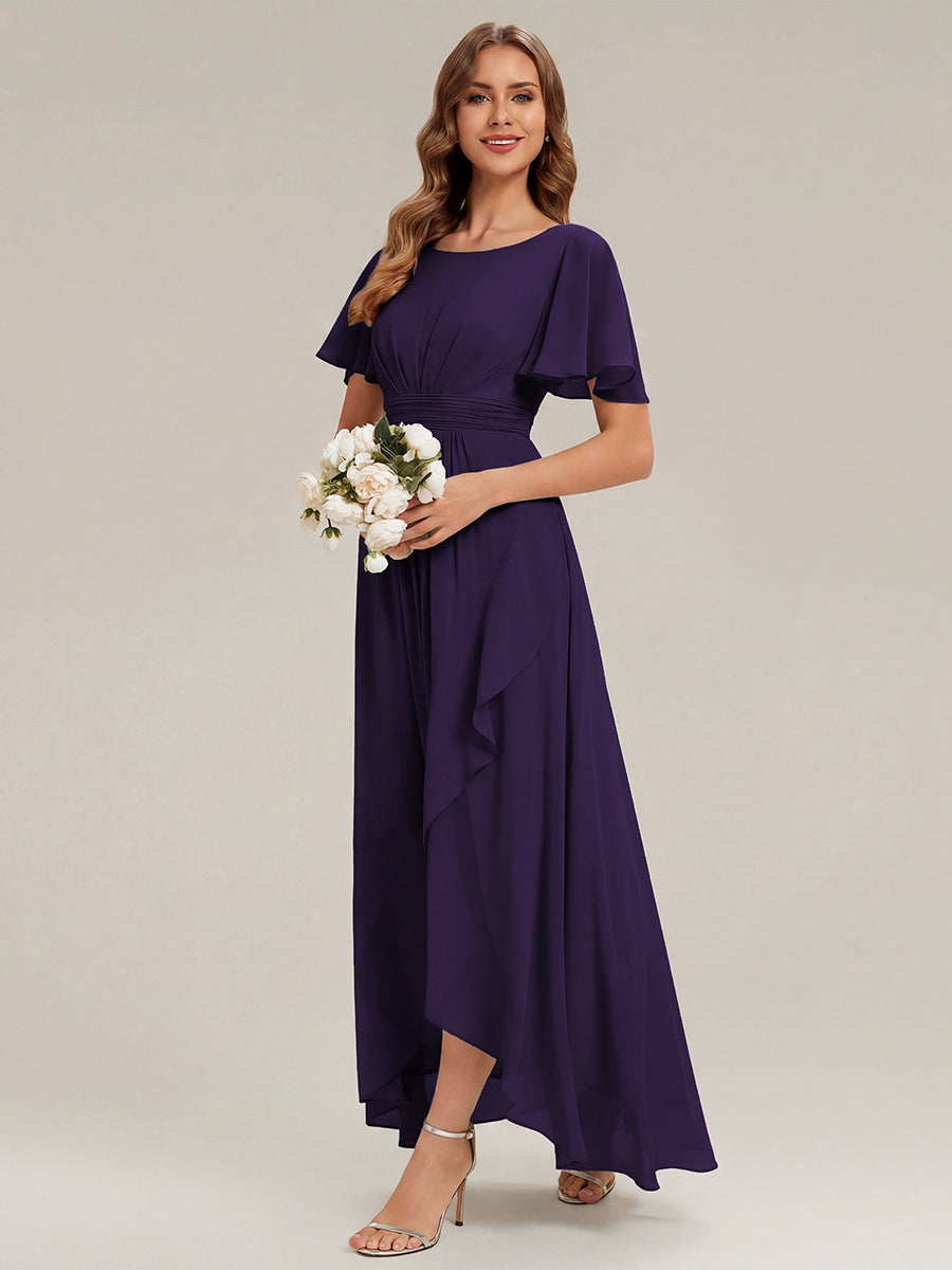 Robe asymétrique sans manches à volants avec détails plissés et ourlet haut bas #Couleur_Violet Fonce