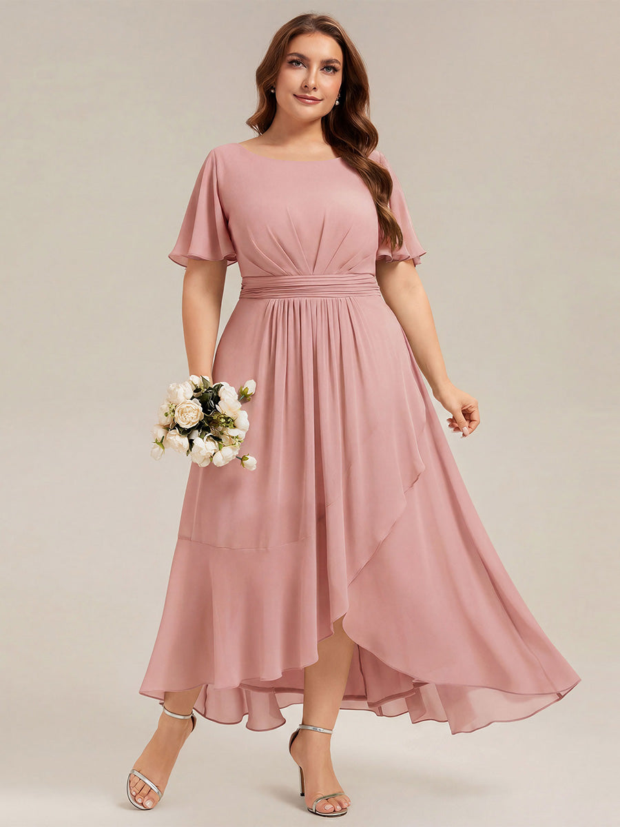 Robe asymétrique sans manches à volants avec détails plissés et ourlet haut bas #Couleur_Rose fumee
