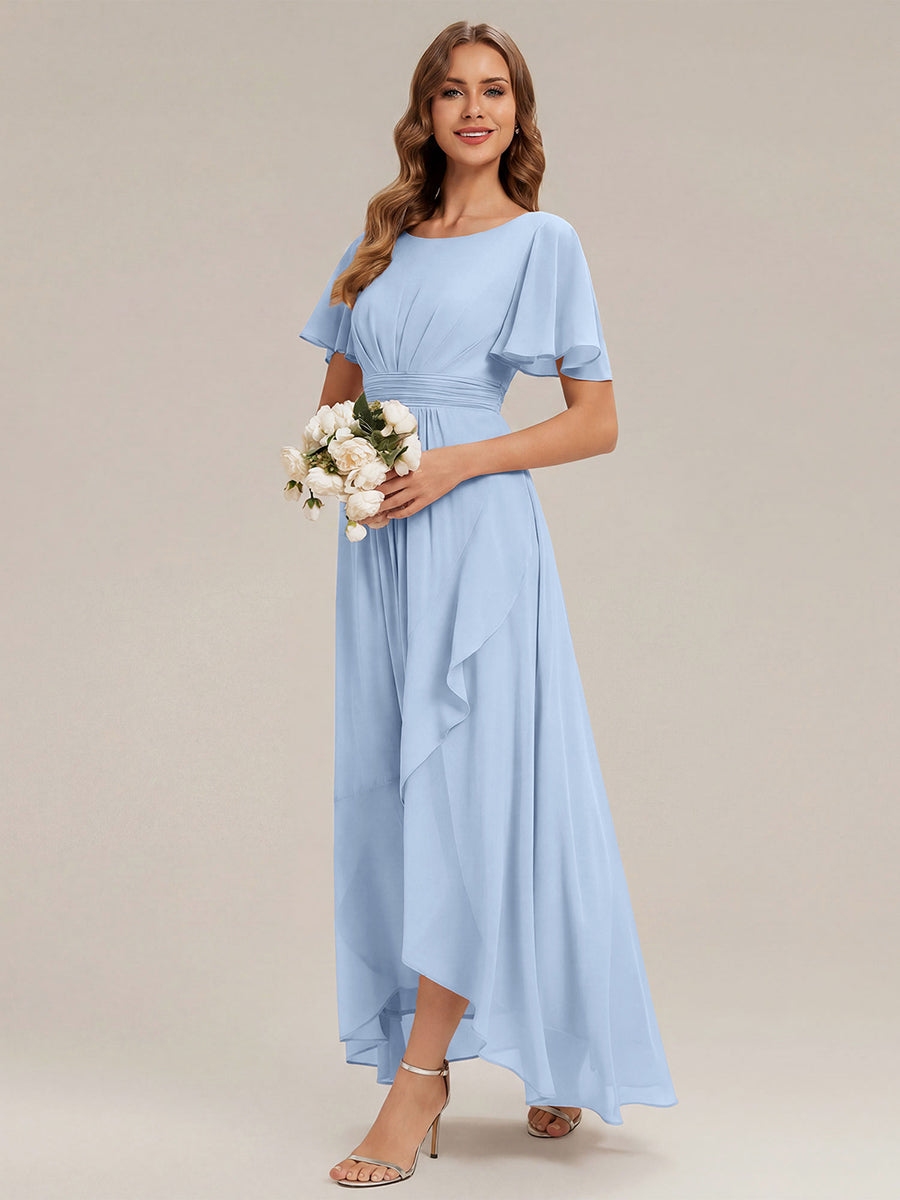 Robe asymétrique sans manches à volants avec détails plissés et ourlet haut bas #Couleur_Bleu Glace