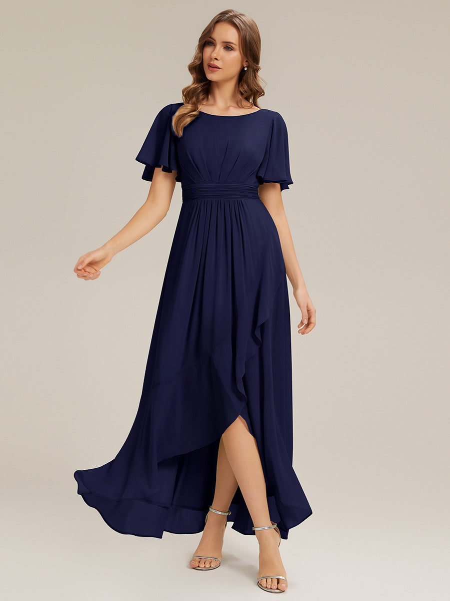 Robe asymétrique sans manches à volants avec détails plissés et ourlet haut bas #Couleur_Bleu Marine
