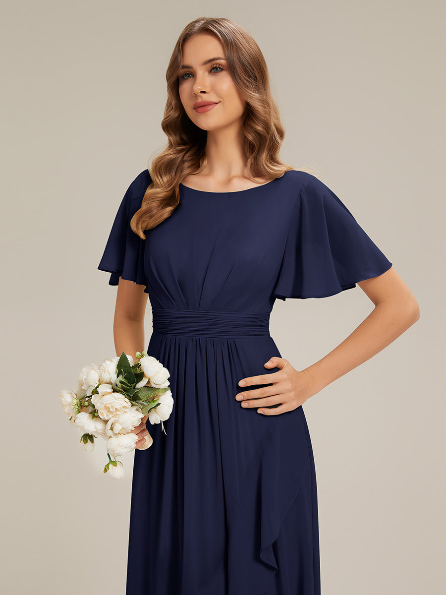 Robe asymétrique sans manches à volants avec détails plissés et ourlet haut bas #Couleur_Bleu Marine