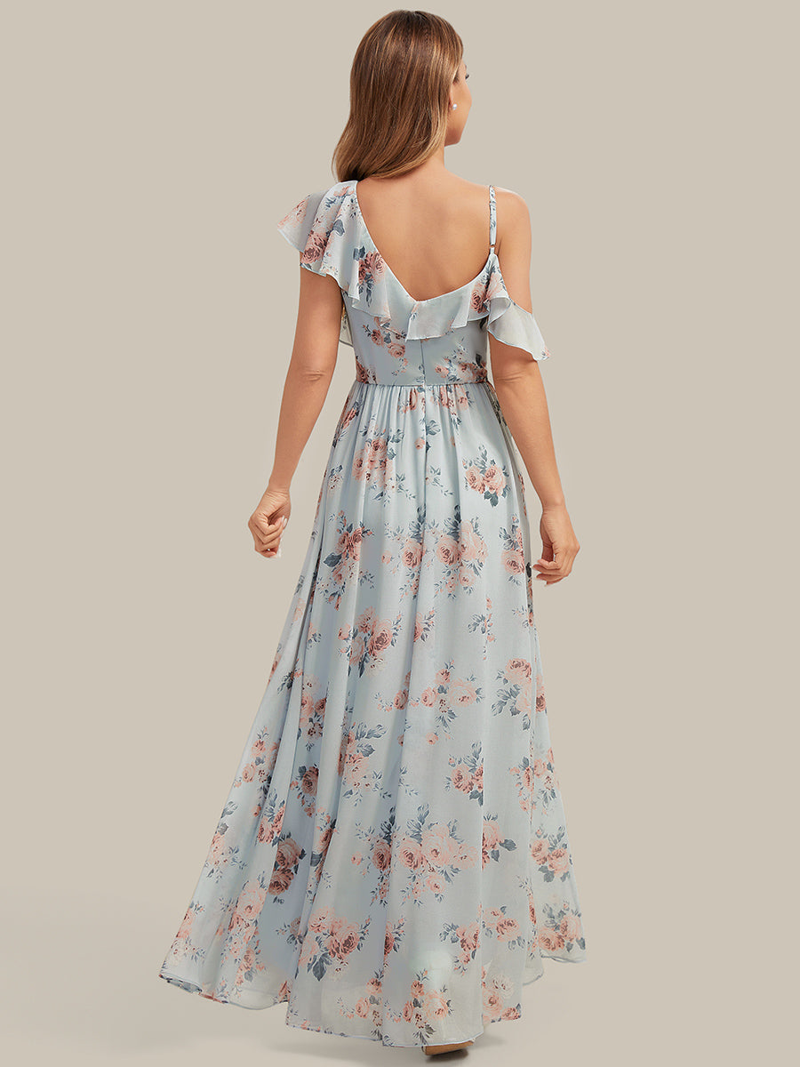 robe longue asymétrique à volants à manches courtes avec fente haute sur la cuisse #Couleur_Floraison Ambrée