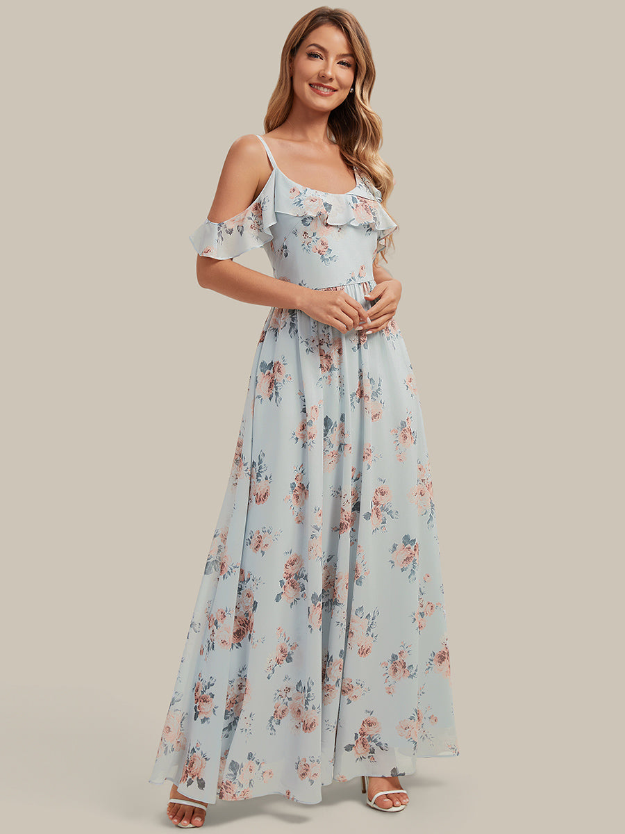robe longue asymétrique à volants à manches courtes avec fente haute sur la cuisse #Couleur_Floraison Ambrée