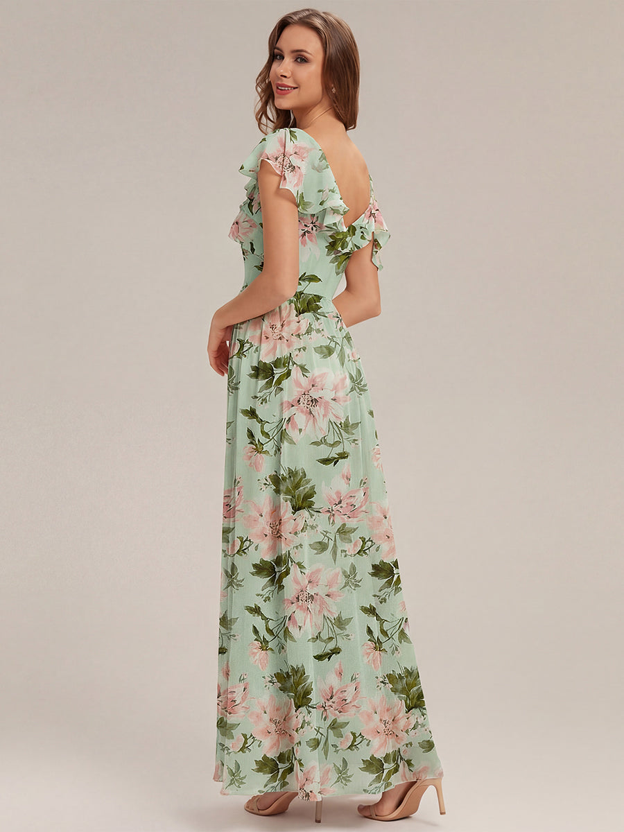 robe longue asymétrique à volants à manches courtes avec fente haute sur la cuisse #Couleur_Vert clair à fleurs