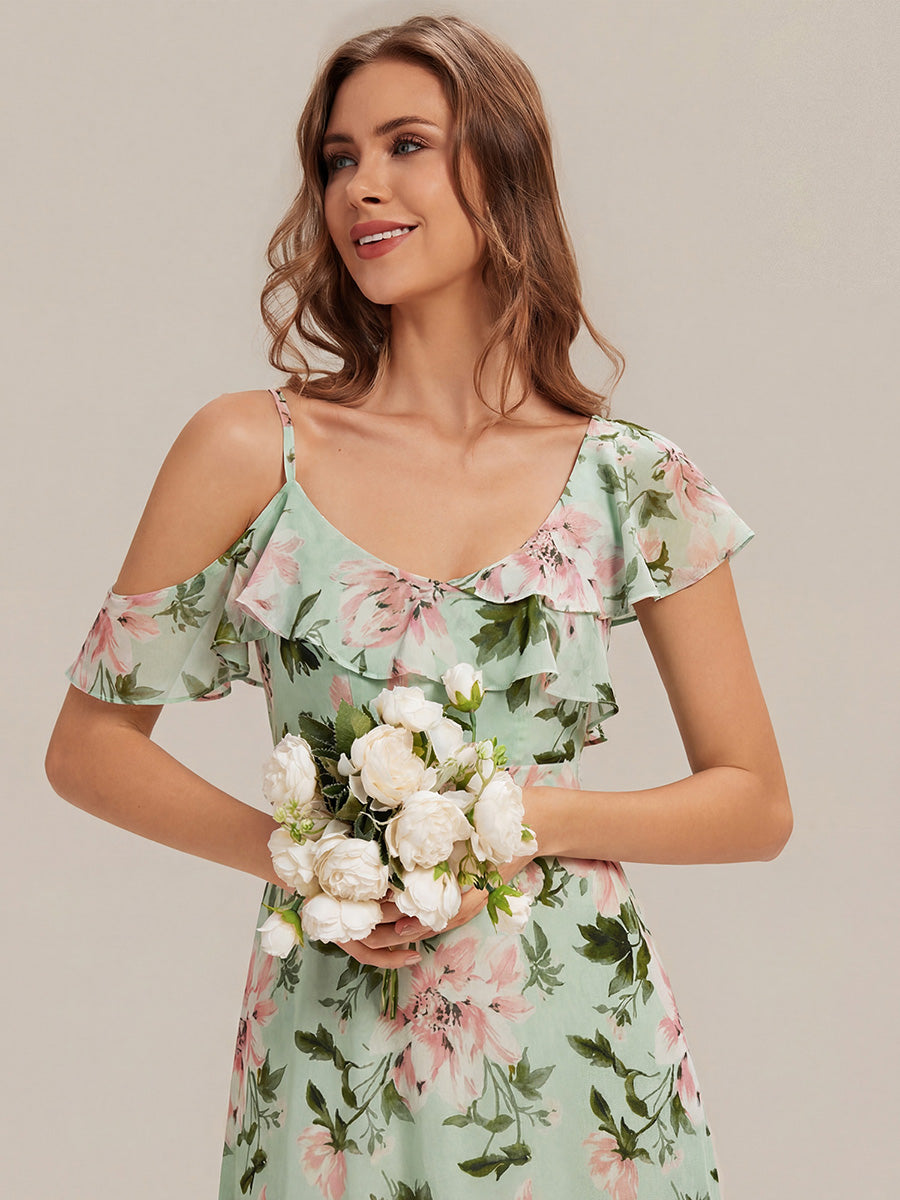 robe longue asymétrique à volants à manches courtes avec fente haute sur la cuisse #Couleur_Vert clair à fleurs